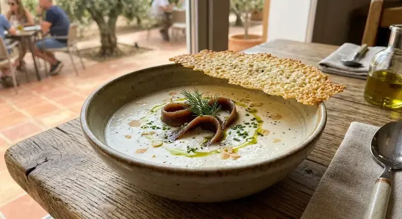 Ajoblanco de coco con anchoas y teja de parmesano — plato de nuestra carta de catering