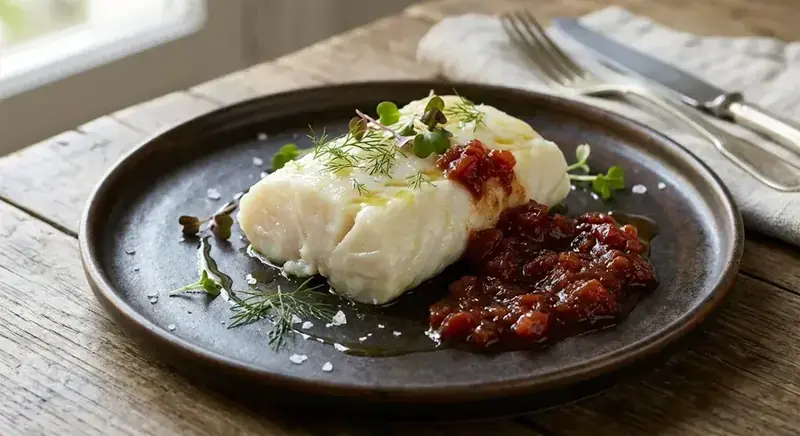 Bacalao confitado con mermelada de tomate — plato de nuestra carta de catering