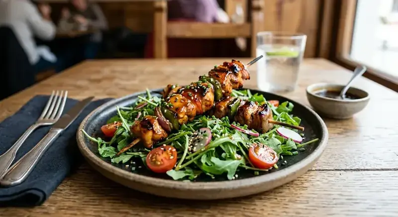 Brocheta de pollo teriyaki con cama de rúcula — plato de nuestra carta de catering