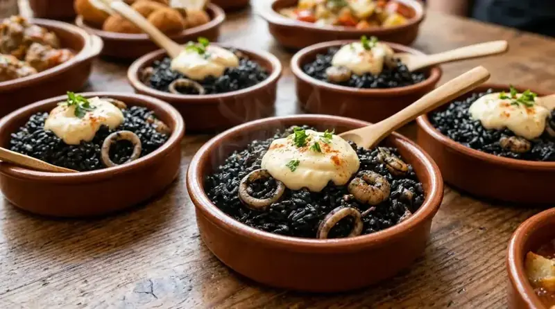 Cazuelitas de arroz negro con alioli — plato de nuestra carta de catering
