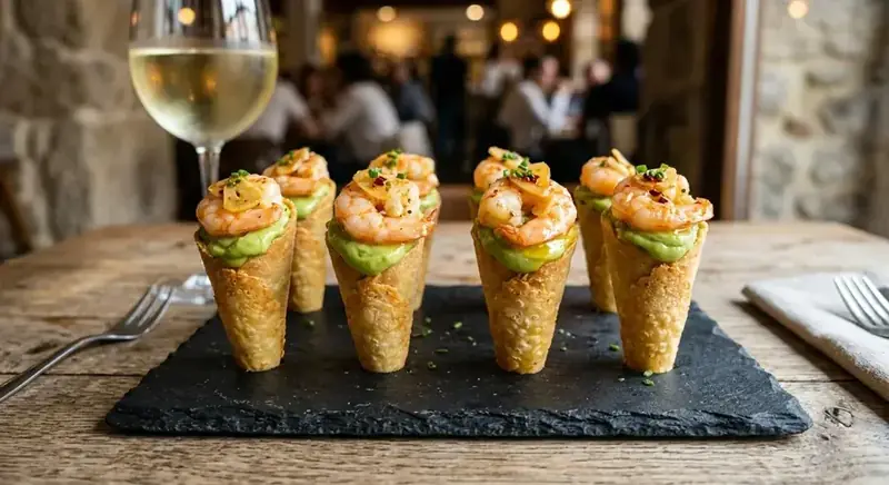 Conitos de mayonesa de aguacate con gamba al pil pil — plato de nuestra carta de catering