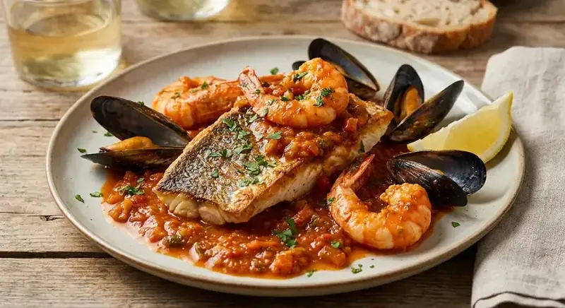 Gallineta con salsa americana, mejillones y langostinos — plato de nuestra carta de catering