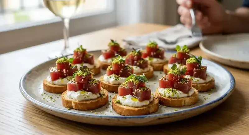 Mini bocaditos de atún marinado sobre burrata con pistacho en polvo — plato de nuestra carta de catering