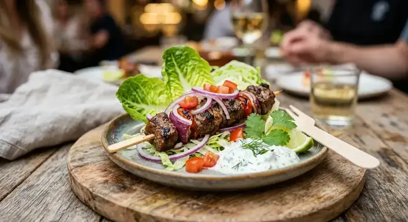 Mini kebab con cebolla morada, tomate y lechuga — plato de nuestra carta de catering