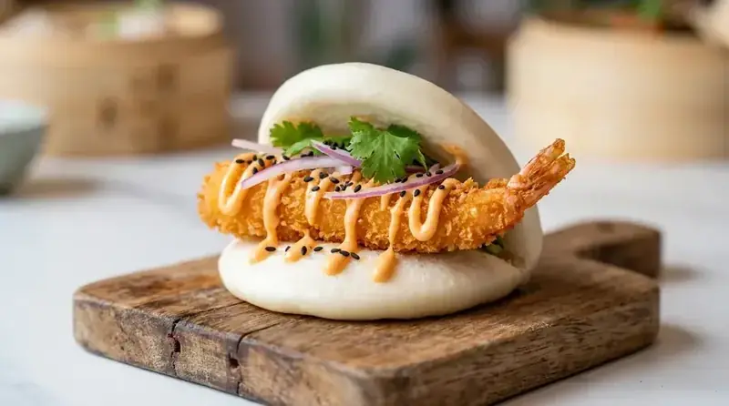 Mini pan bao con langostino rebozado — plato de nuestra carta de catering