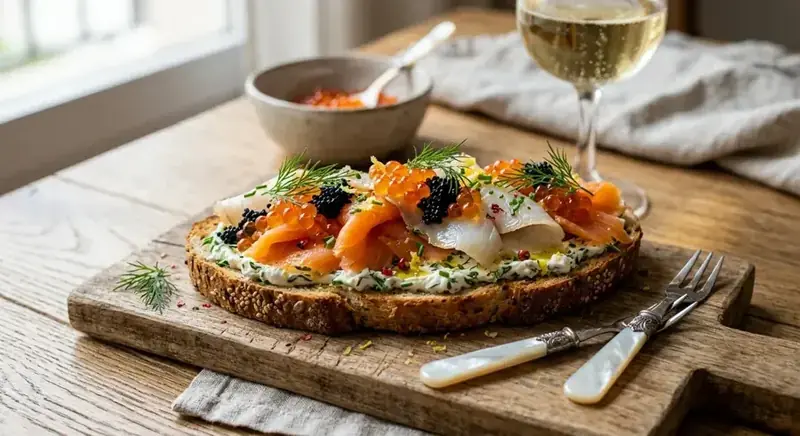 Tosta de ahumados con huevas — plato de nuestra carta de catering