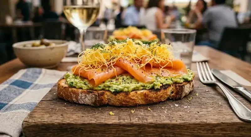 Tosta de cremoso de aguacate con salmón ahumado y huevo hilado — plato de nuestra carta de catering